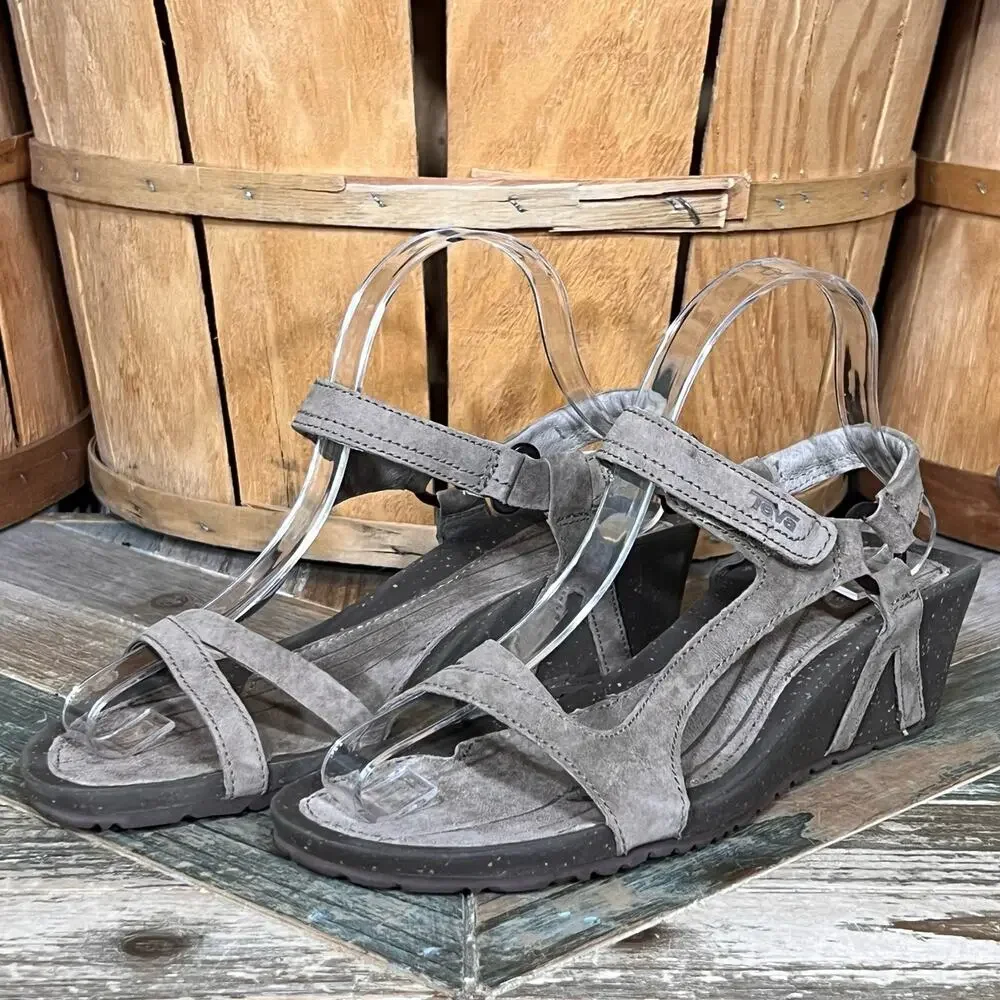 Teva Cabrillo Tan Brown Leather Strappy Adjustable Wedge Sandals Womens Size 9